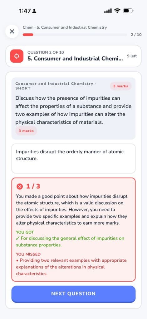 SkorAI Topic Drill grading a Chemistry answer with You got and You missed feedback