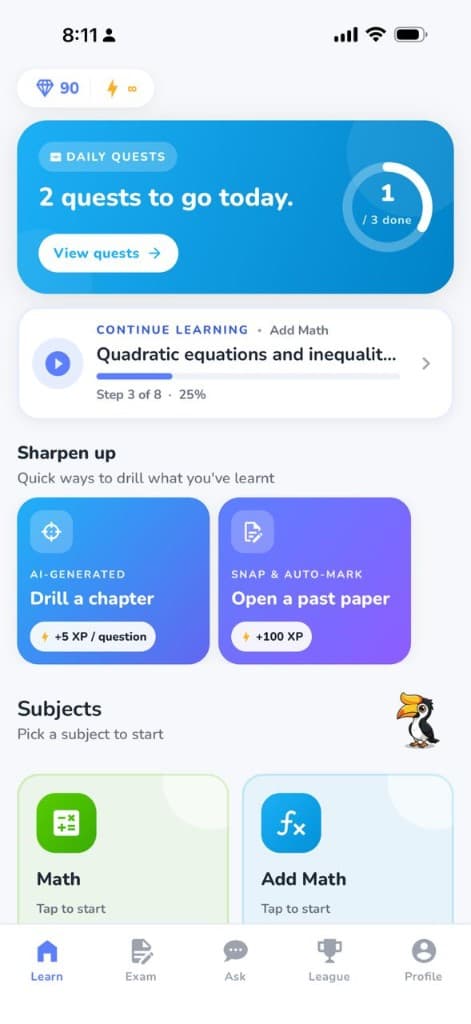 SkorAI home tab — daily quests, continue learning, and subjects