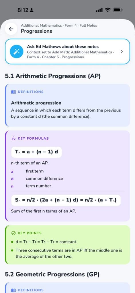 SkorAI notes view showing Arithmetic Progressions formulas and key points